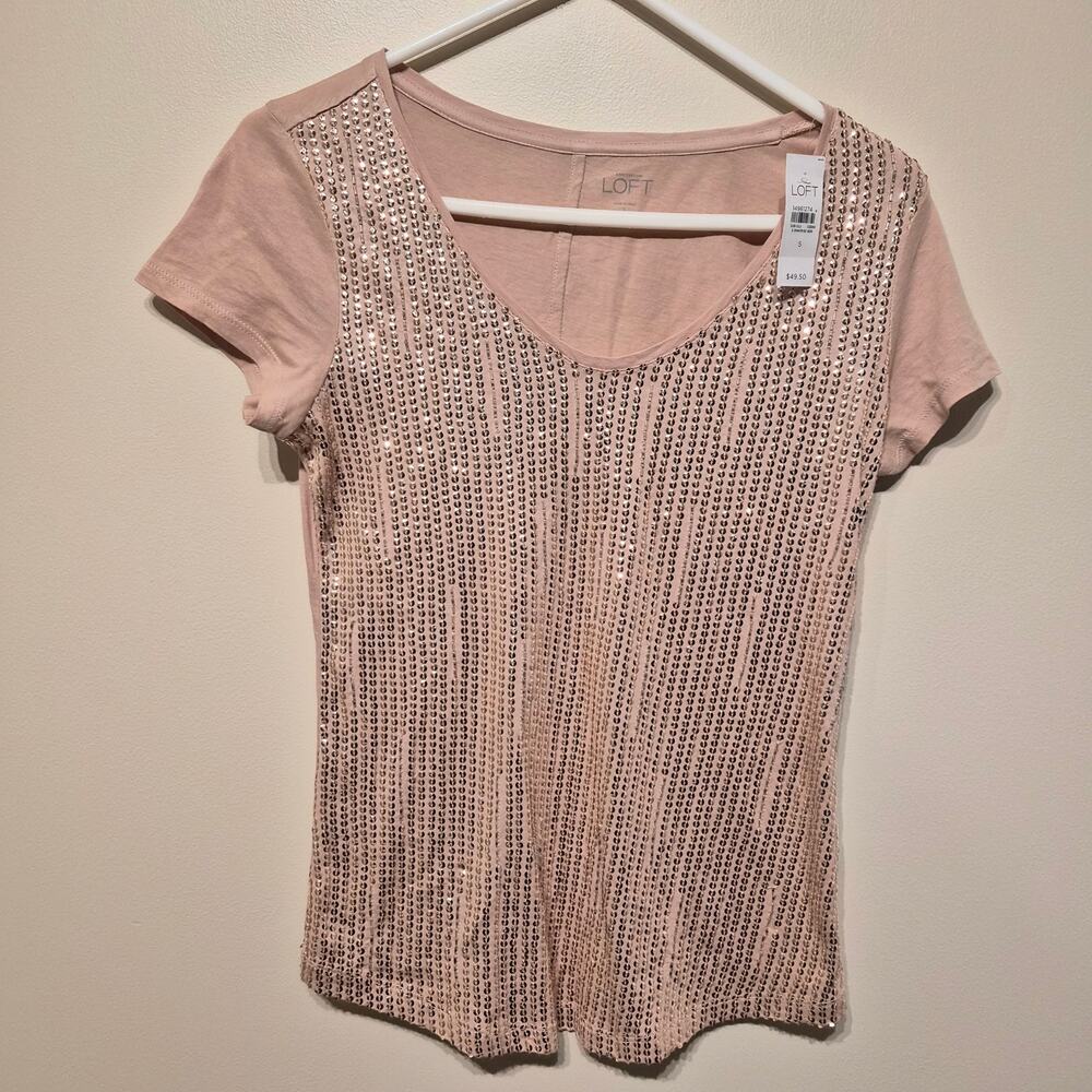 LOFT Small NWT Light Pink/Tan Short Sleeve Sequin Bead Top Sparkle Shine
